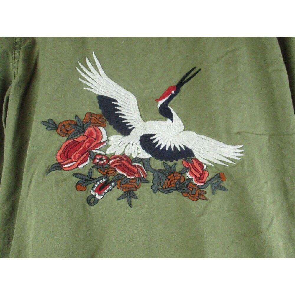 Sun & Shadow Boho Embroidered Crane Bird Floral Utility Jacket Green L - Picture 5 of 11